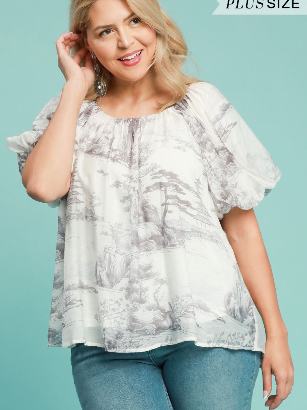 Umgee Cream Scenic Print Peasant Blouse (New In Bag)